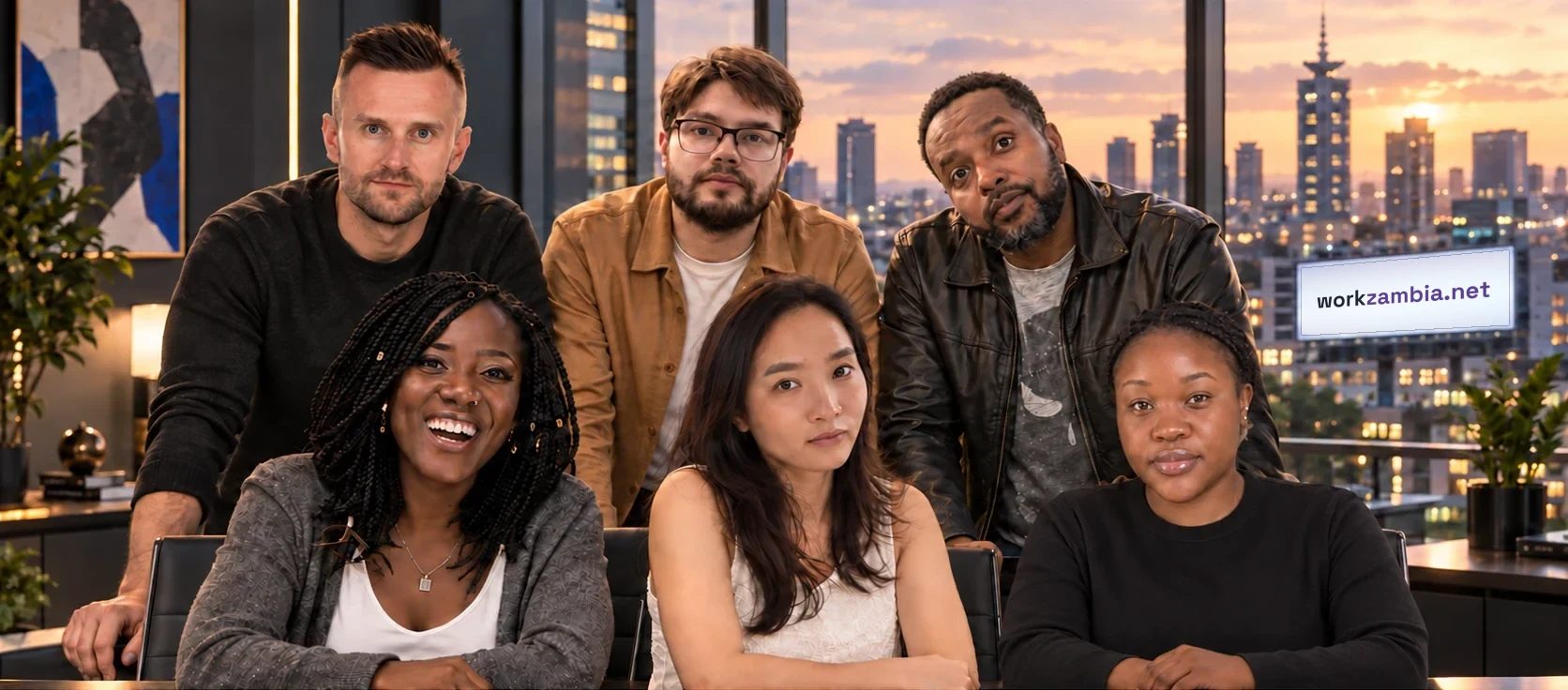 The workzambia.net team: Oleg Cherkas, Dzmitry Zgolich and Victor Kimotho standing, Michelle Masiga, Thu Thuy Do and Nerea Isit seated