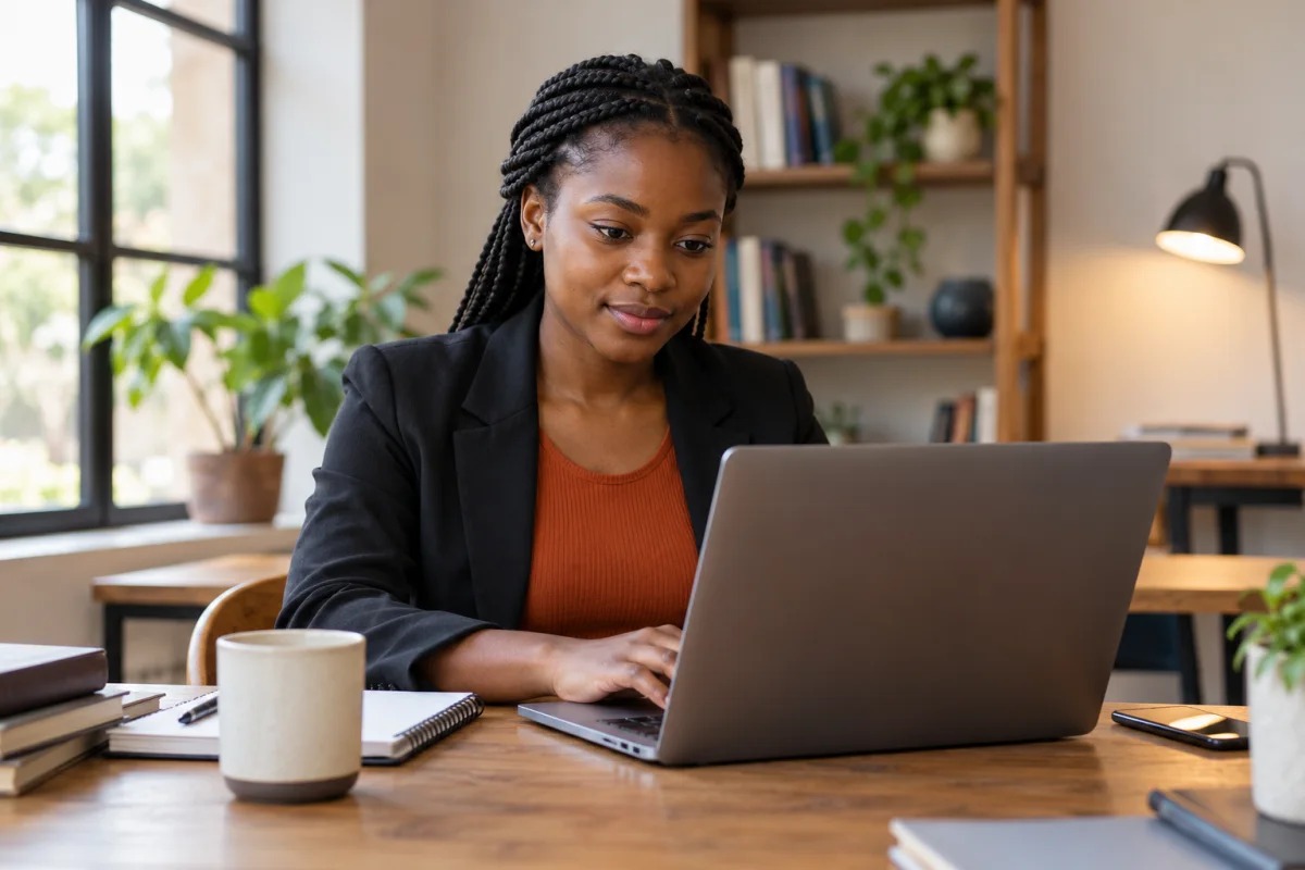 A young woman writing an email on her laptop