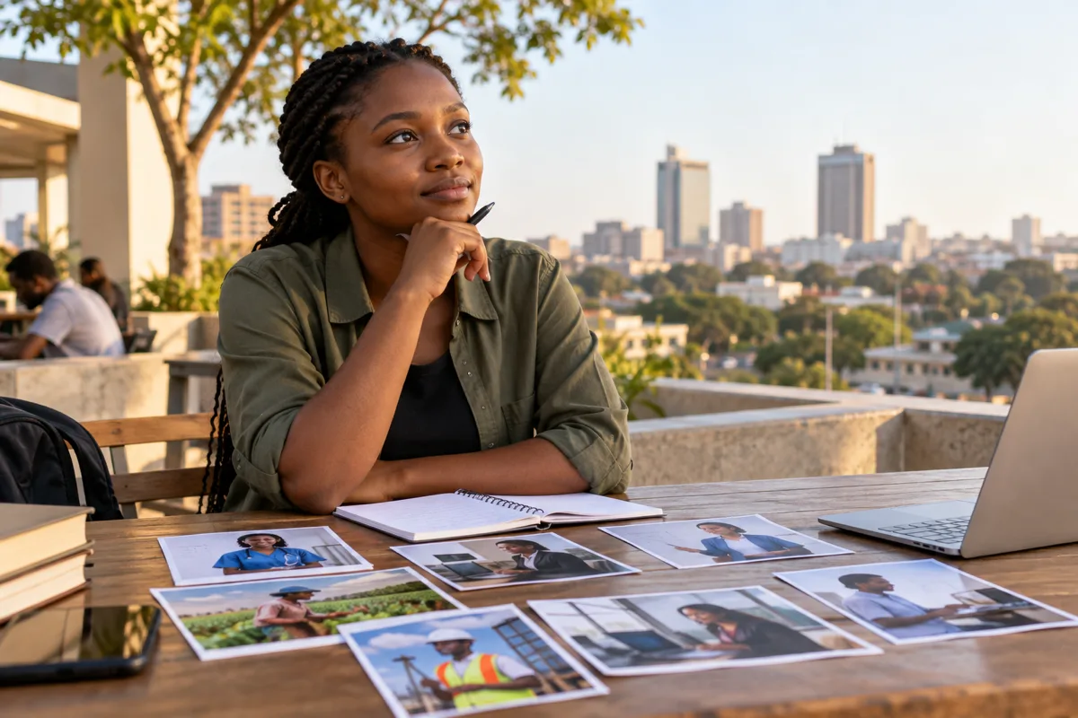Zambian worker comparing two career paths and current job requirements