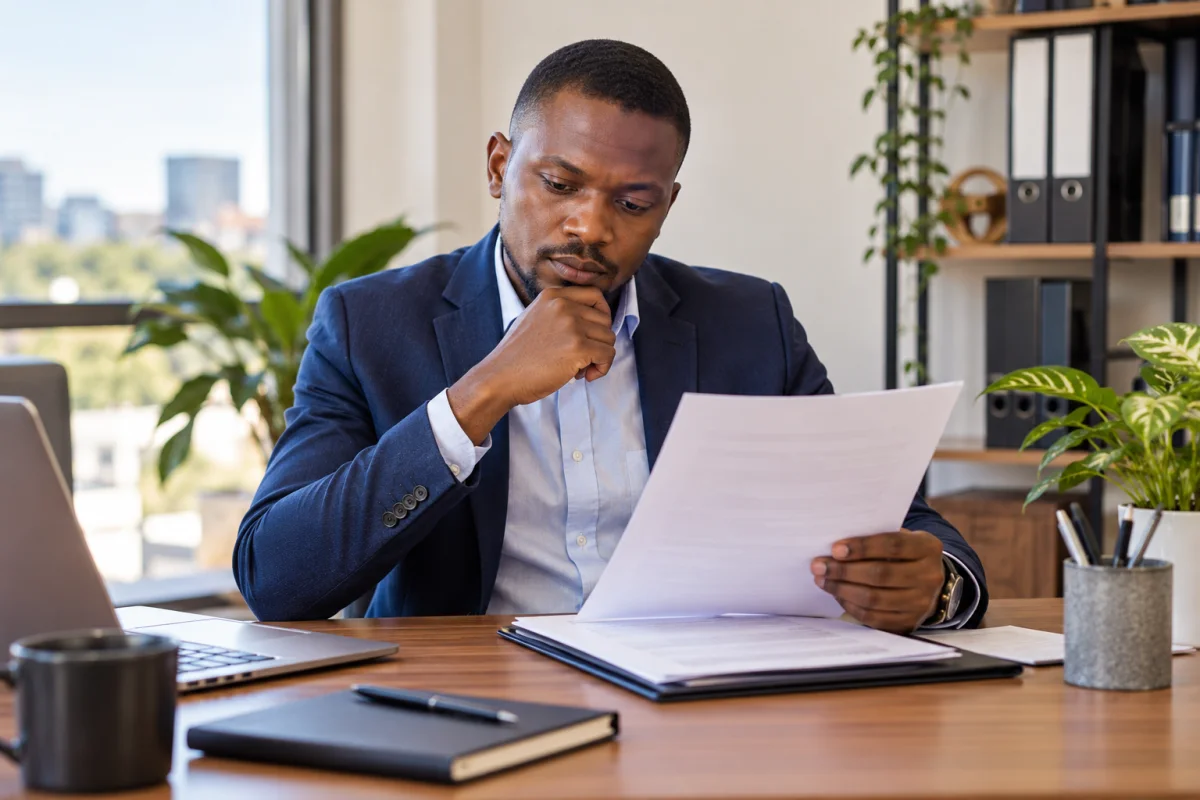 A Zambian applicant comparing a printed job contract with an offer email