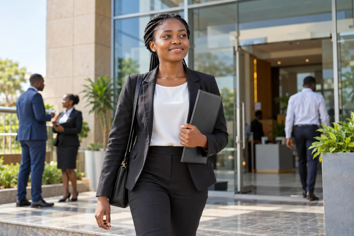 A young professional walking into her first office job