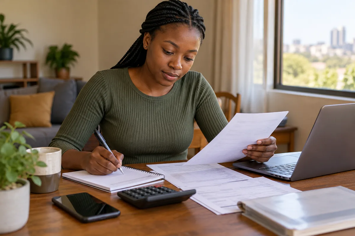 Zambian new employee checking a bank account and first payslip