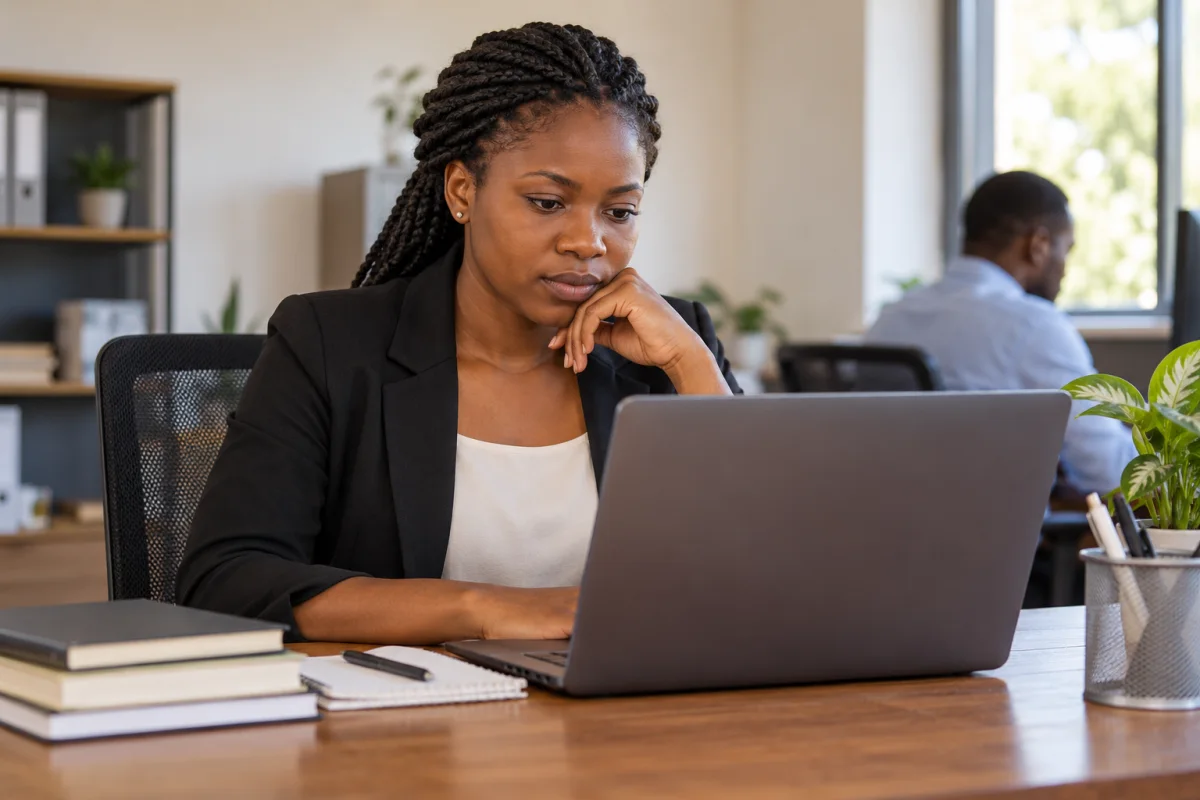 A Zambian applicant reading a government vacancy notice and preparing documents