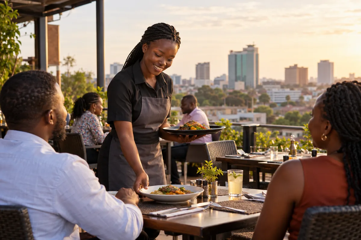 Zambian hospitality worker reviewing a lodge vacancy and guest-service tasks