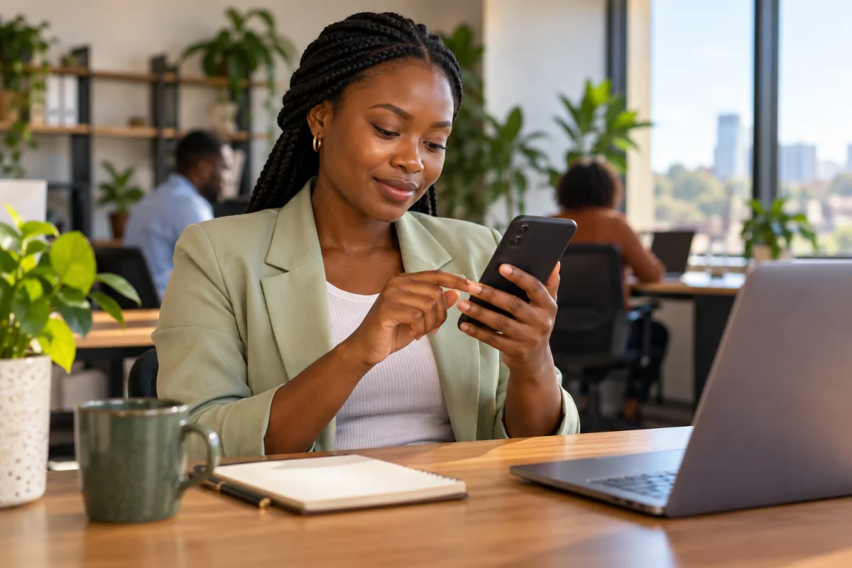 A young woman checking new job alerts on her phone