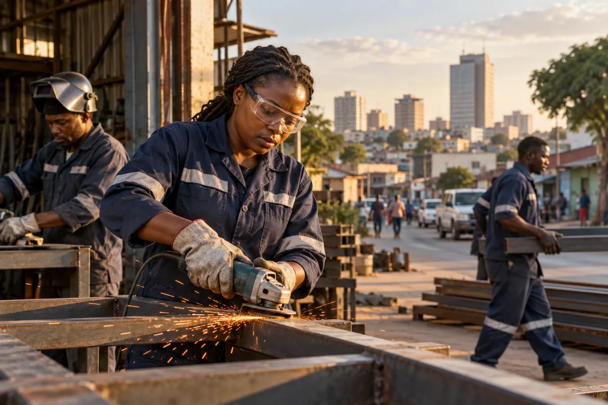 Zambian manufacturing applicant reviewing factory process records and a job notice