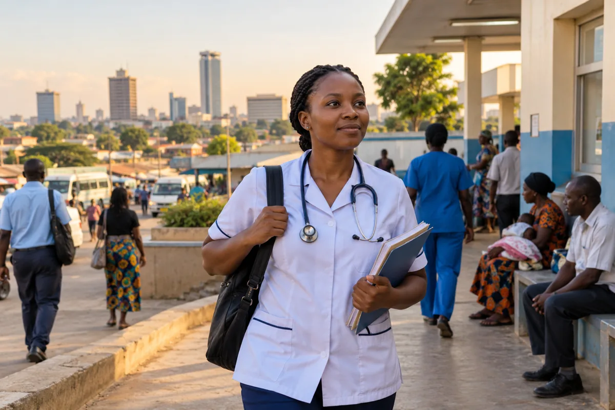 Zambian nurse checking a hospital job notice and council registration