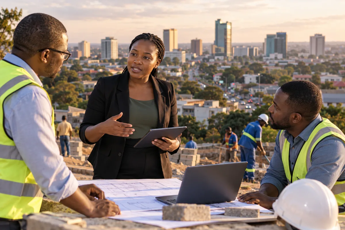 Zambian project coordinator reviewing a field schedule and vacancy