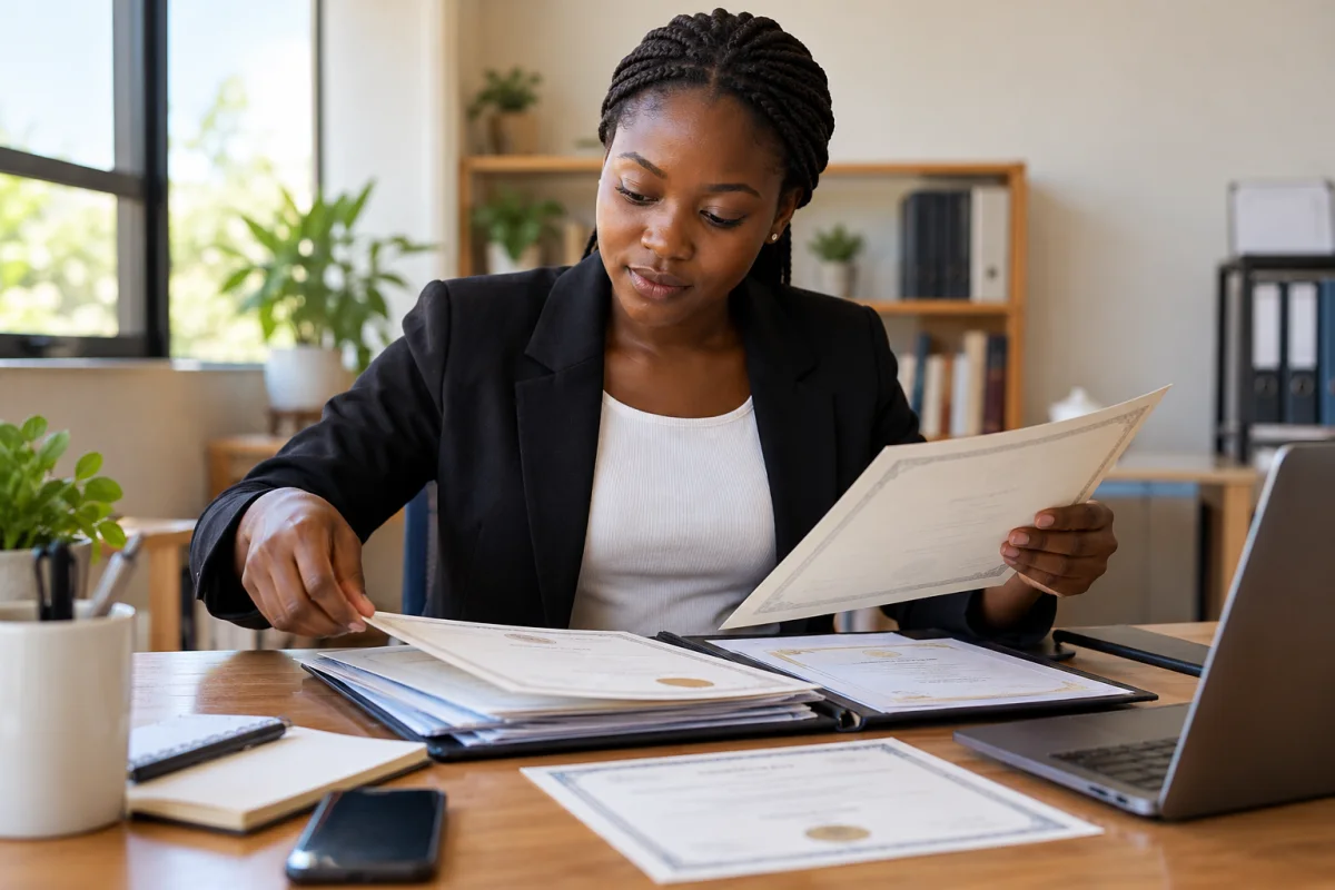 A Zambian applicant arranging academic certificates and application notes