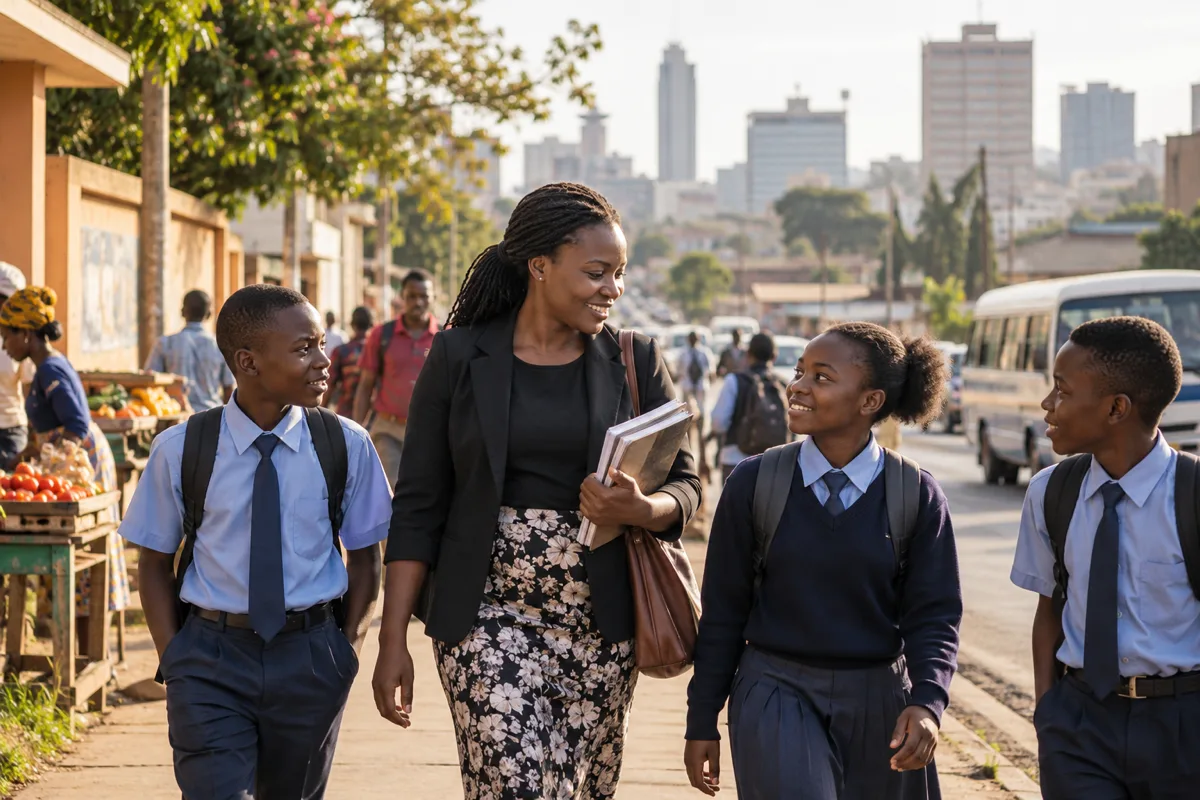 Zambian teacher reviewing lesson plans and official recruitment guidance