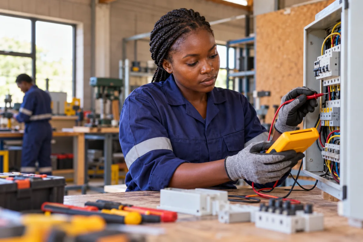A Zambian trade trainee documenting safe workshop practice