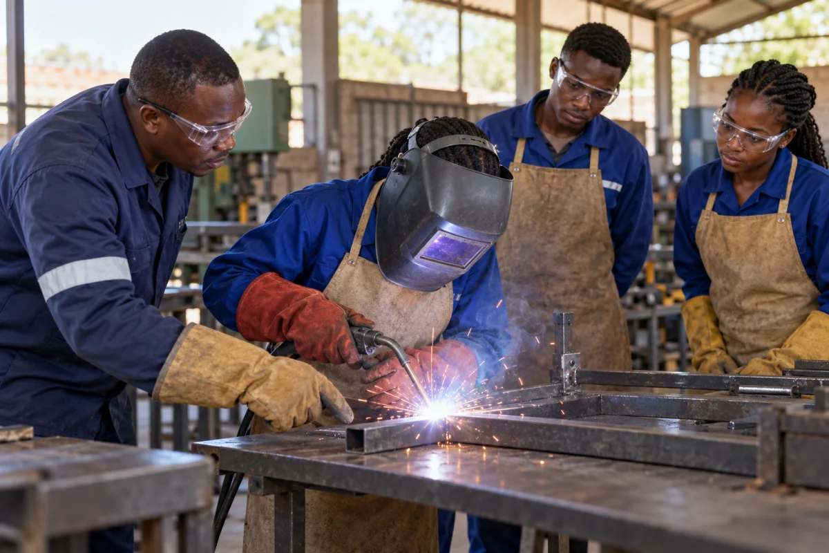 A Zambian learner reviewing vocational courses and workshop requirements