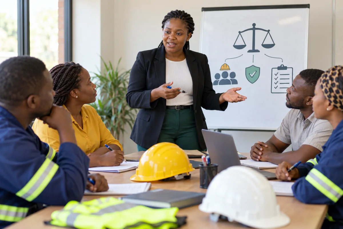 A Zambian worker reviewing a roster, payslip and employment agreement