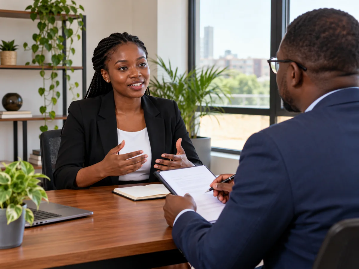 A hiring manager interviewing a candidate across a desk.
