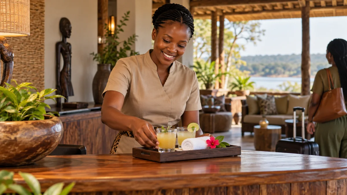 A hospitality worker at a hotel reception.